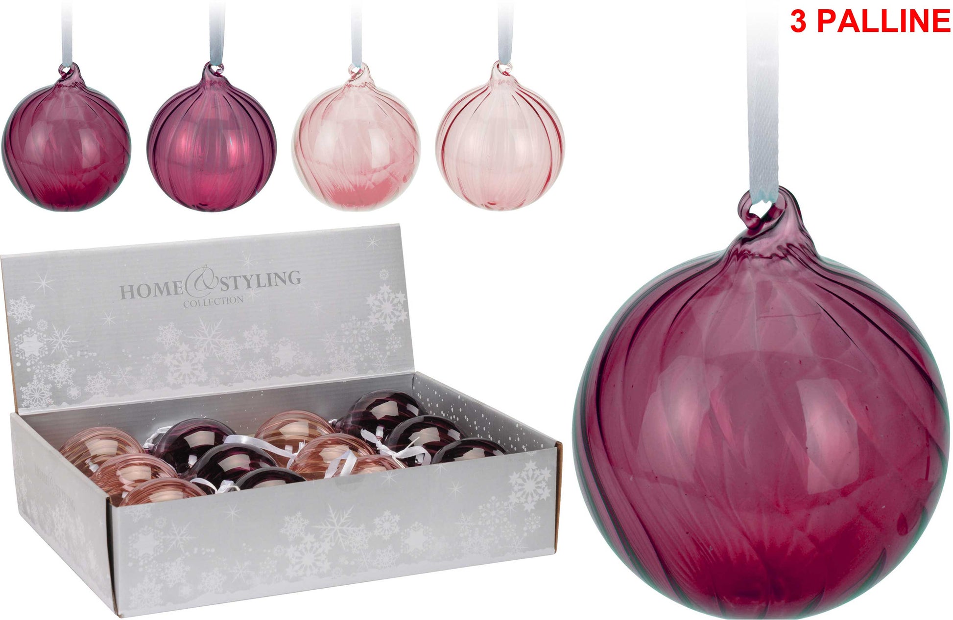 OFFERTA 3 PALLINE IN VETRO VIOLA 8CM ASSORTITE