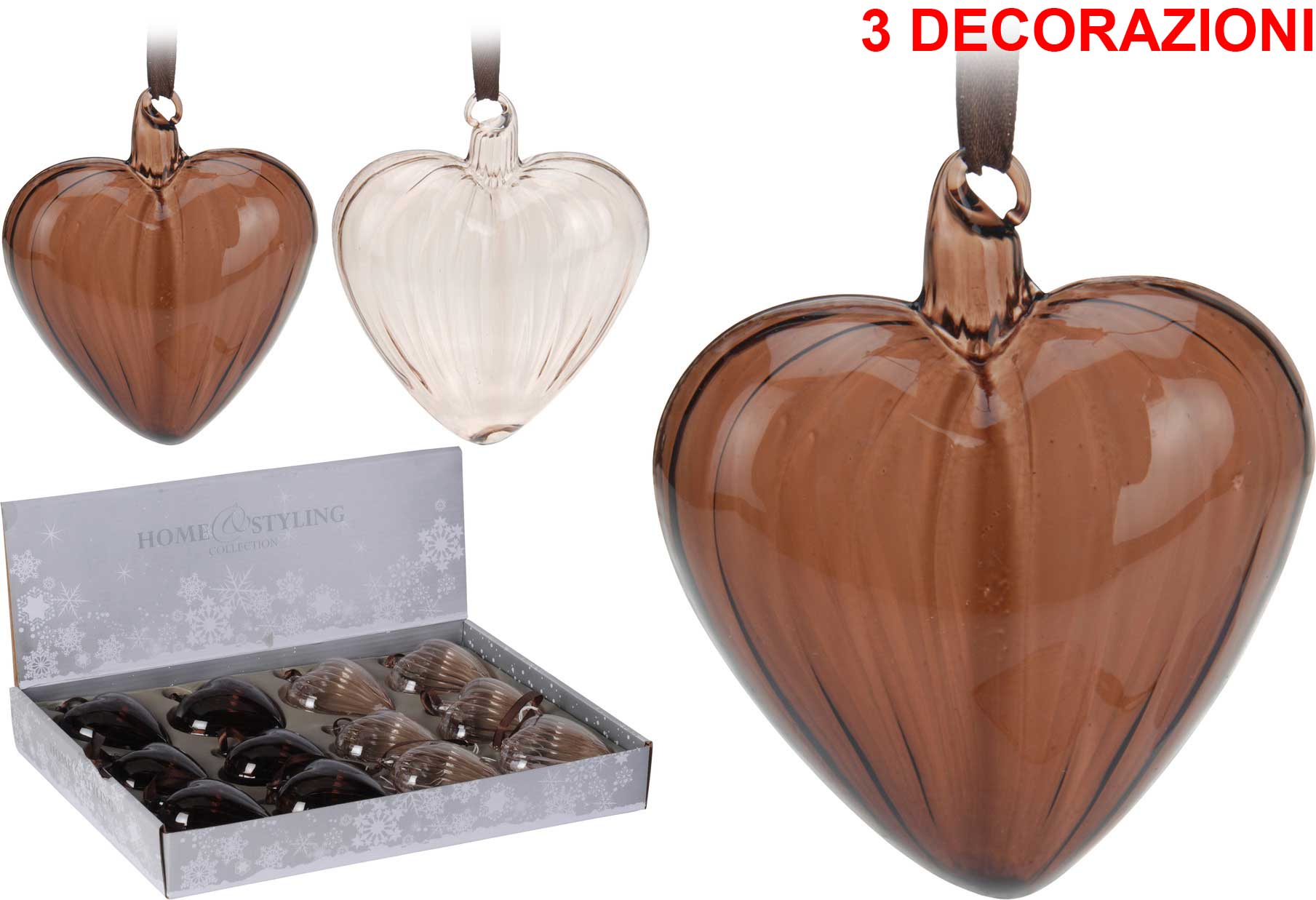 OFFERTA 3 CUORI IN VETRO APPENDIBILI 8CM ASSORTITI
