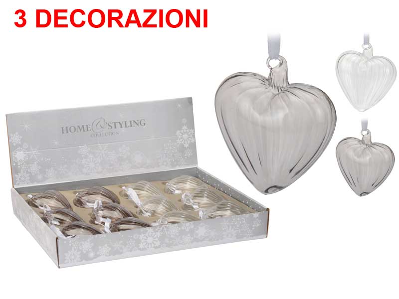 OFFERTA 3 PALLINE CUORE IN VETRO 8CM ASSORTITE