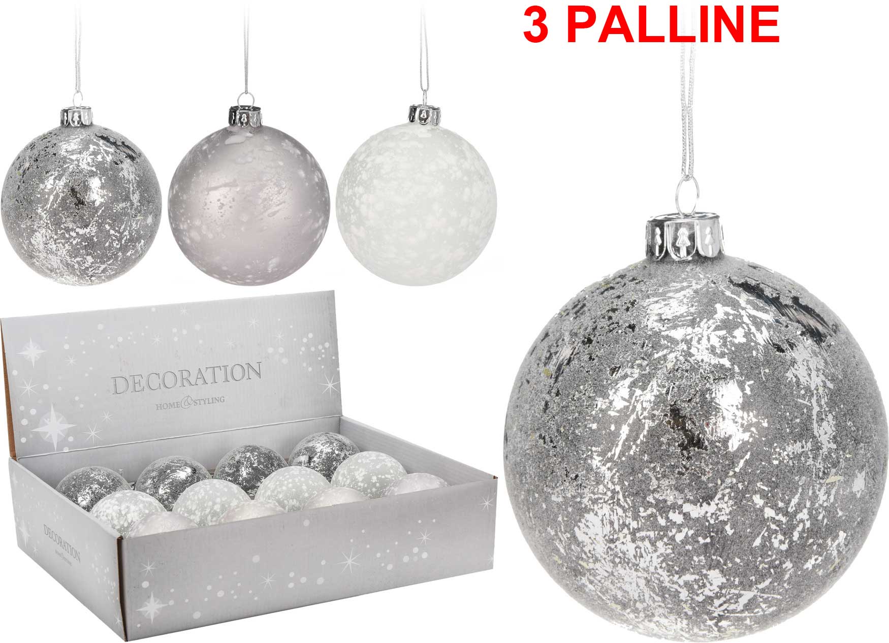 OFFERTA 3 PALLINE ARGENTO BIANCO 8CM ASSORTITE