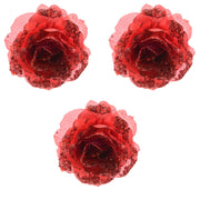 OFFERTA 3 ROSE DECORATIVE CON CLIP GLITTERATE ROSSO 14CM