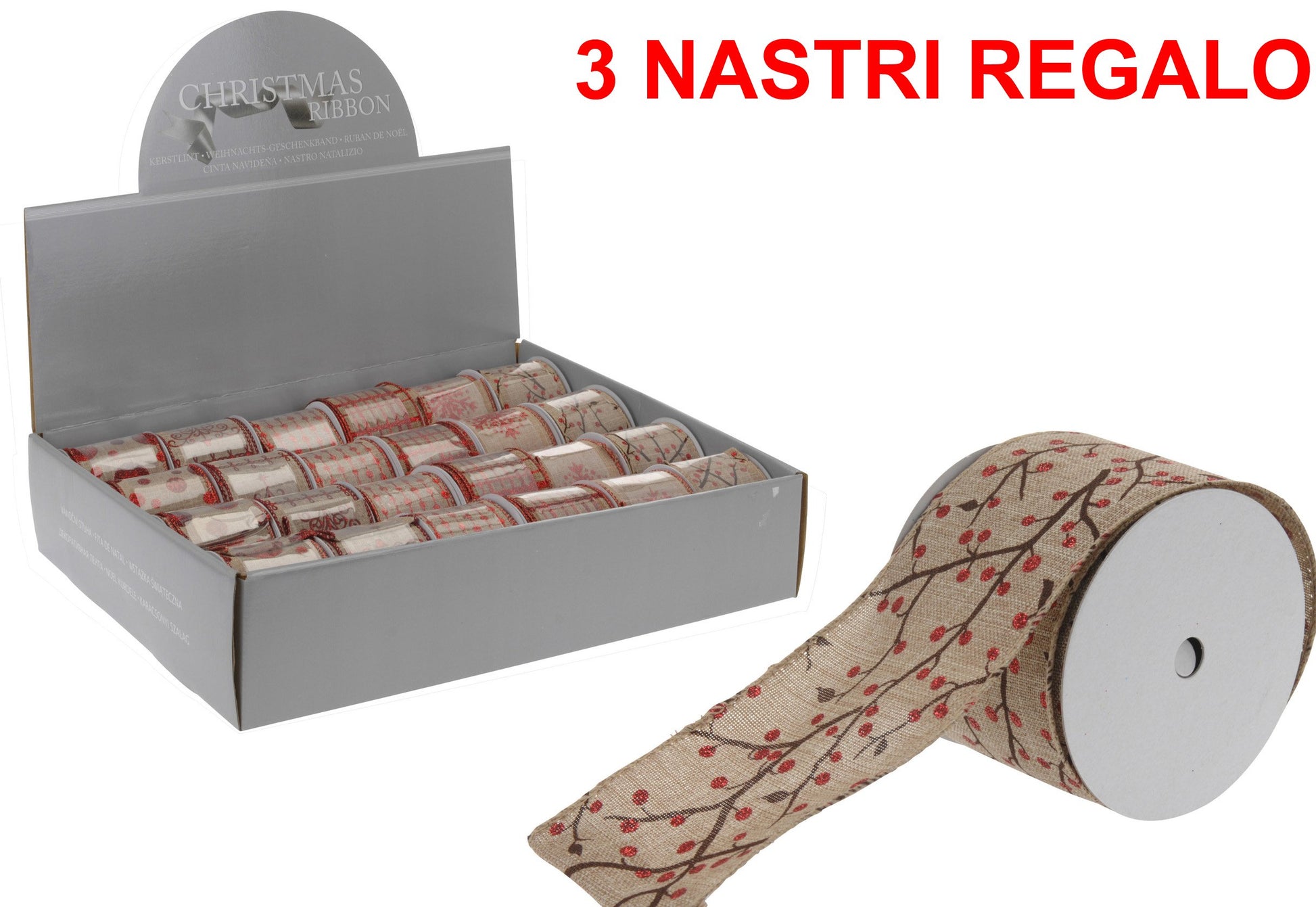 OFFERTA 3 NASTRI REGALO 6X270CM DECORAZIONI ROSSE ASSORTITE