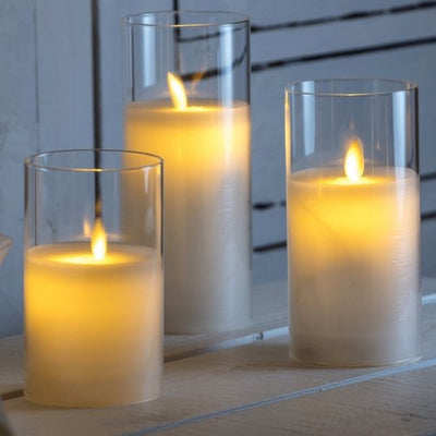 Set 3 candele LED fiamma in movimento con vetro D7,5 cm Bianco caldo