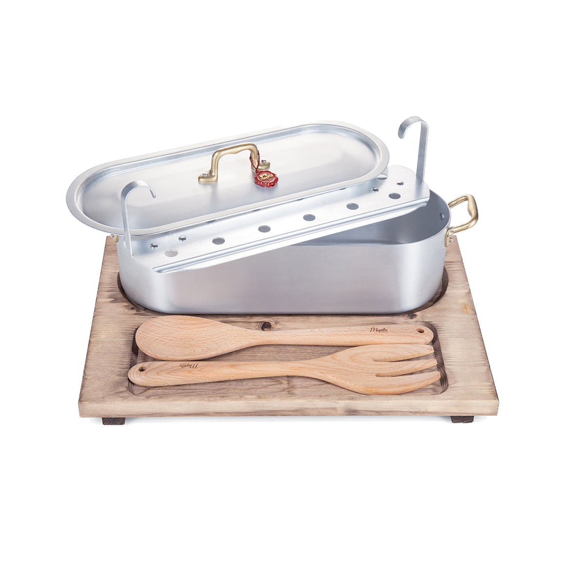 SET PESCIERA ALLUMINIO + COPERCHIO, GRIGLIA, VASSOIO, POSATE