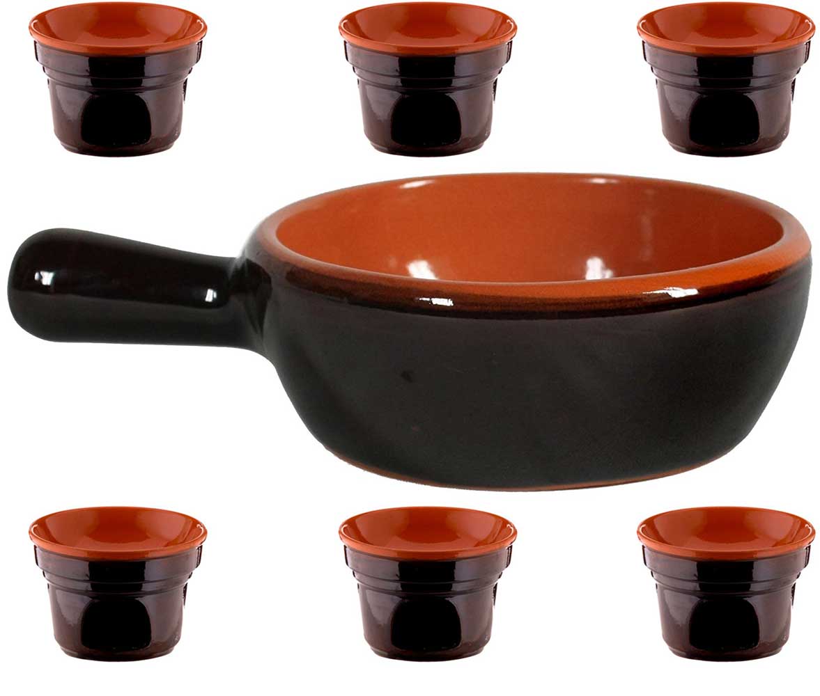 SET BAGNA CAUDA CASSERUOLA 21CM IN CERAMICA AD UN MANICO + 6 FORNELLI
