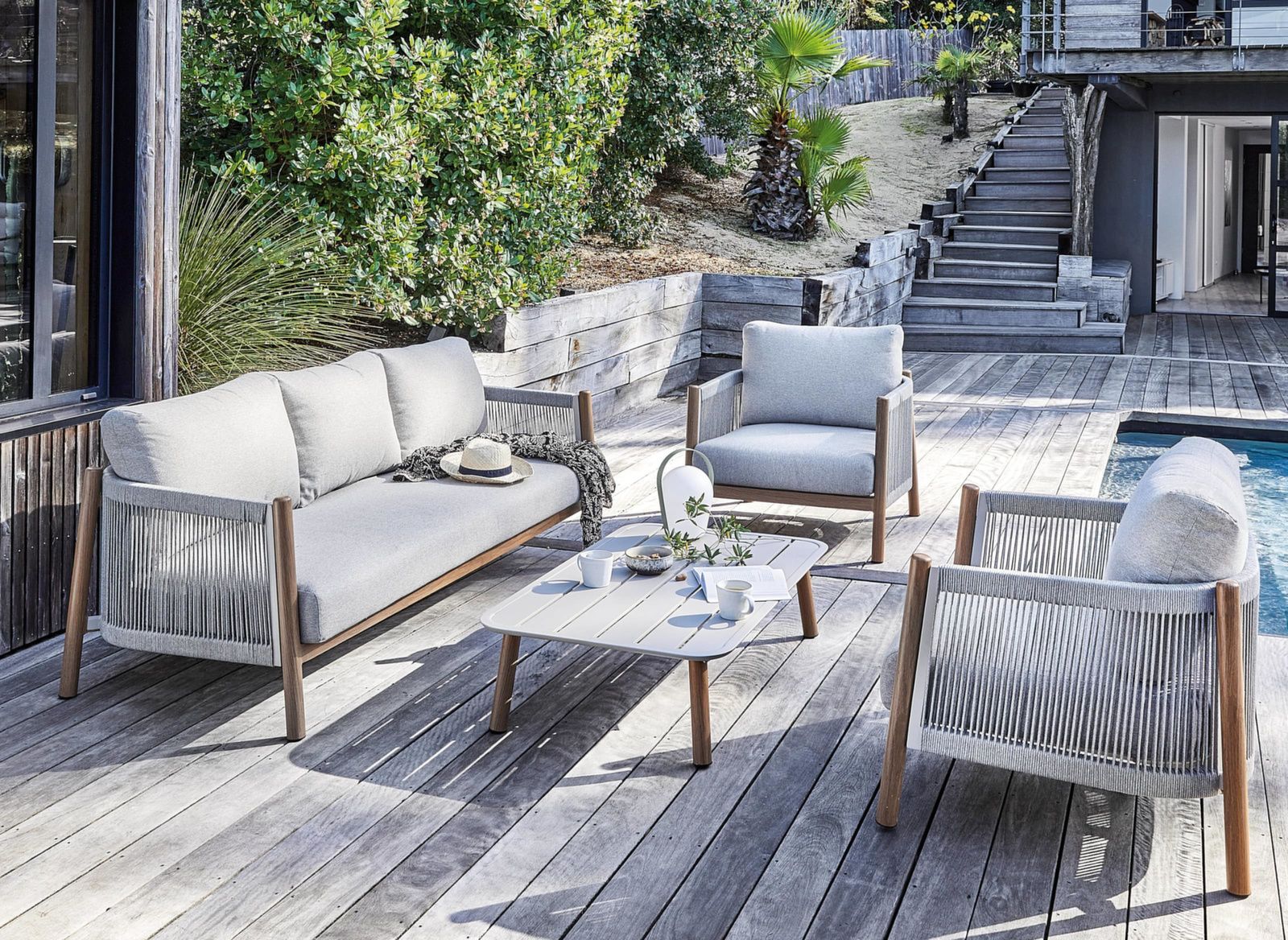 SET SALOTTO DERIVEUR 4 PEZZI BEIGE E LEGNO