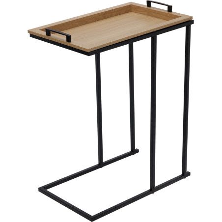 Tavolino laterale con vassoio, metallo e MDF, nero/legno naturale