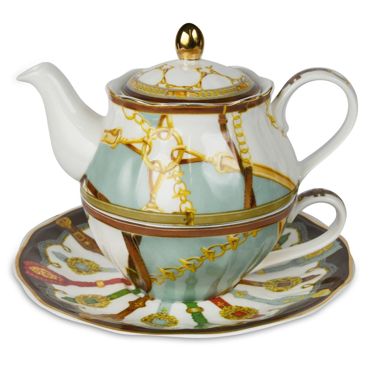 SET TEIERA – TAZZA “HORSES TEA FOR ONE – CELESTE”, FILO ORO