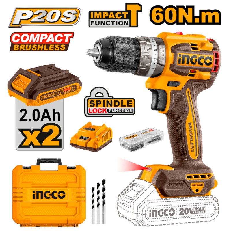 TRAPANO A PERCUSSIONE 20V COMPACT BRUSHLESS CON 2 BATTERIE