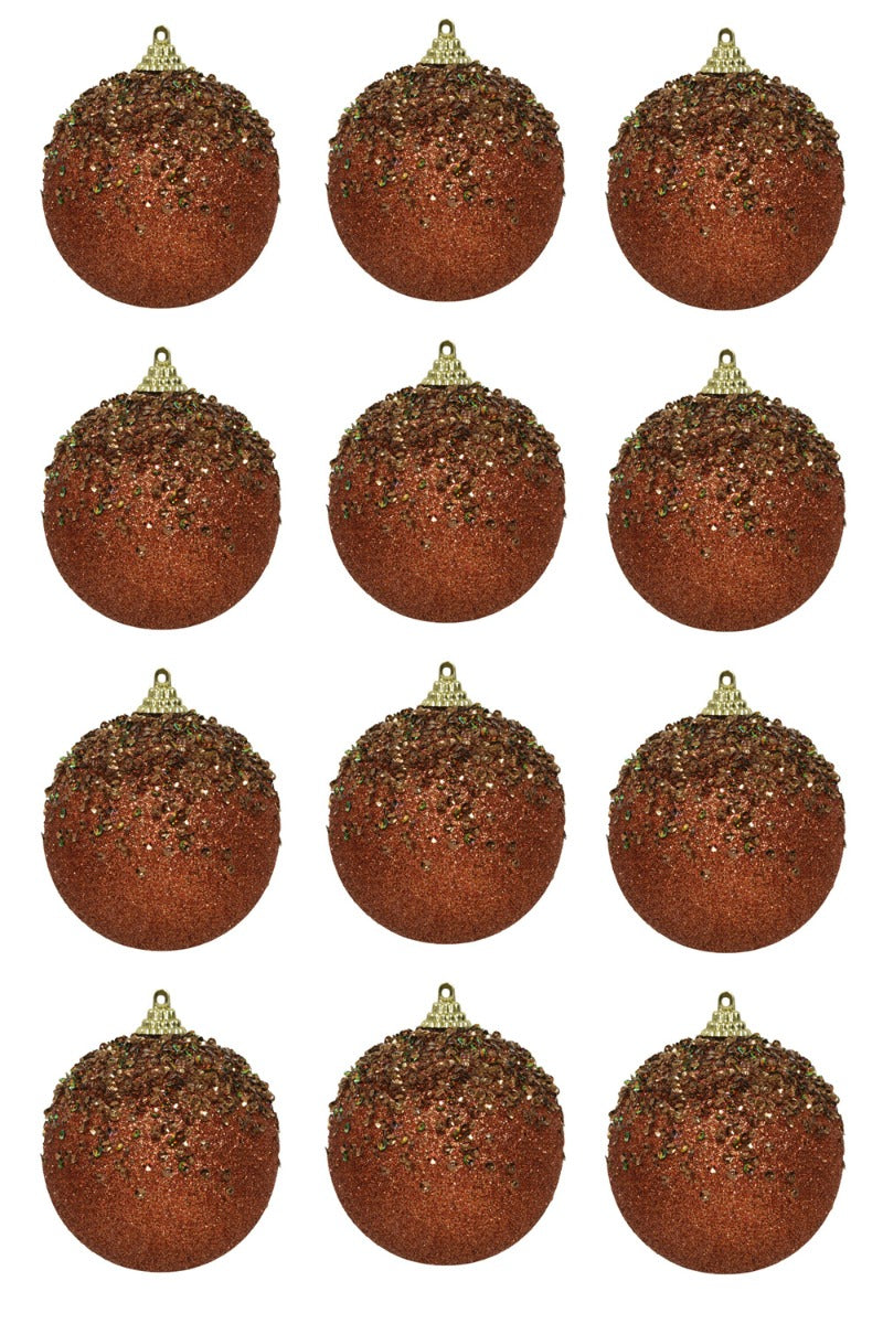 OFFERTA 12 PALLINE DI NATALE CON GLITTER E PAILLETS 8CM MARRONE
