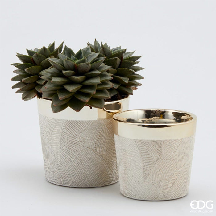 VASO IN CERAMICA PER PIANTE "FOGLIE" Ø13,5XH13CM AVORIO E ORO