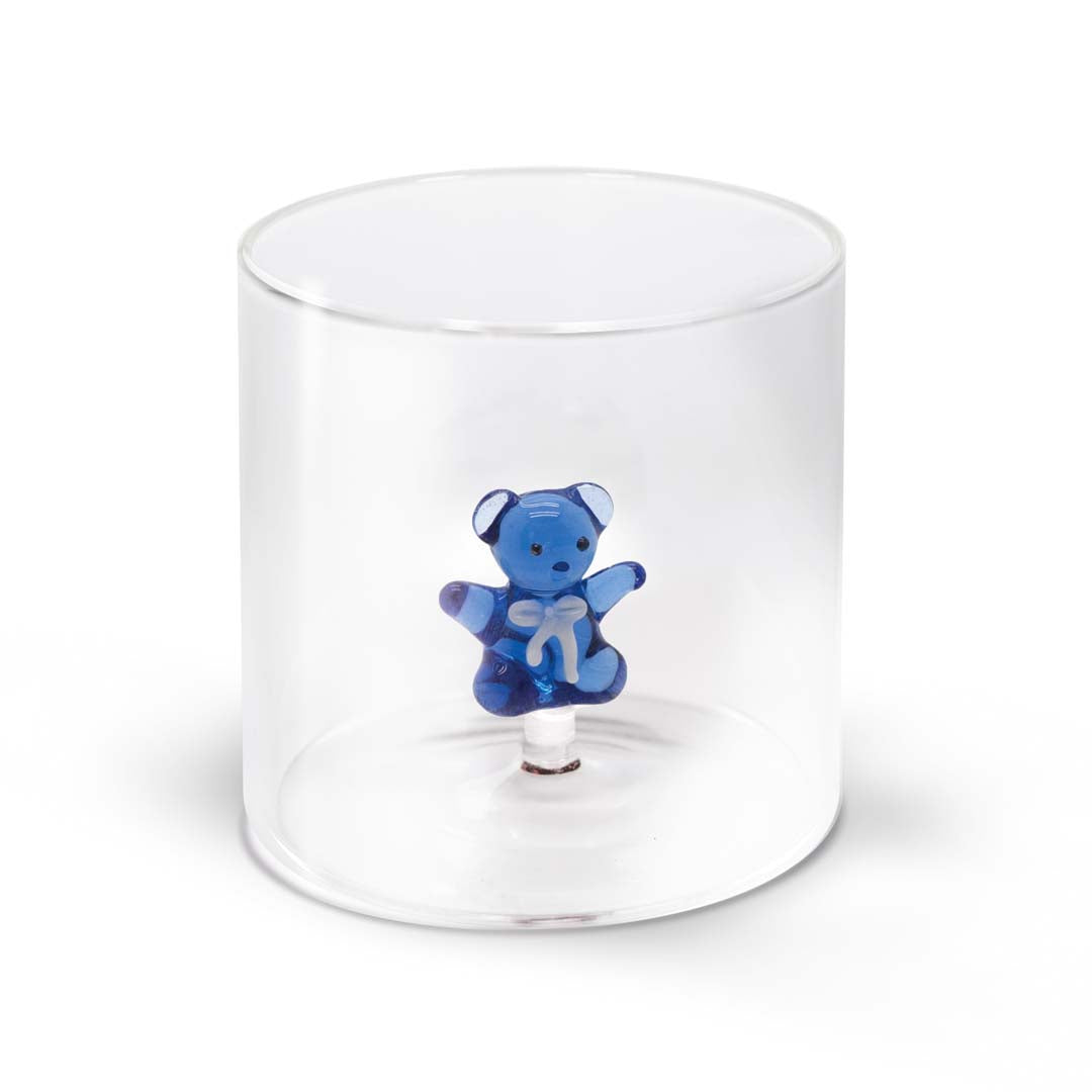 Bicchiere in vetro borosilicato con soggetto in vetro colorato all'interno figura Orsetto azzurro