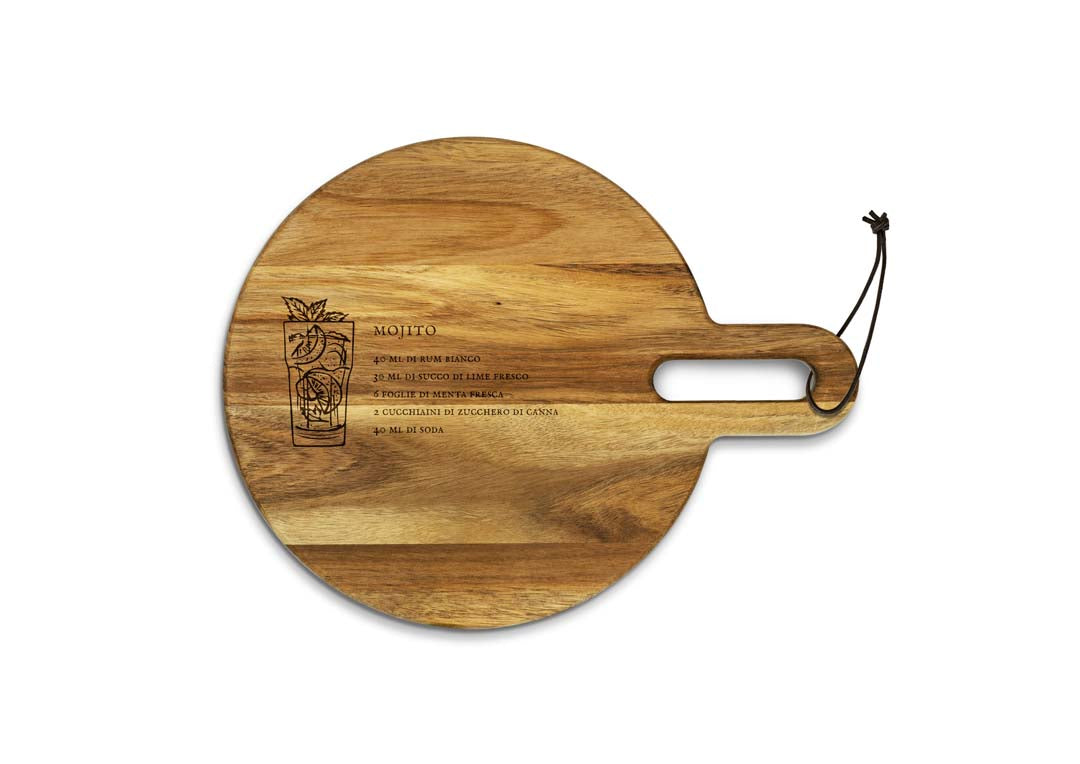 Tagliere in legno di acacia FSC, con ricetta cocktail incisa 31.6x24.6 cm.