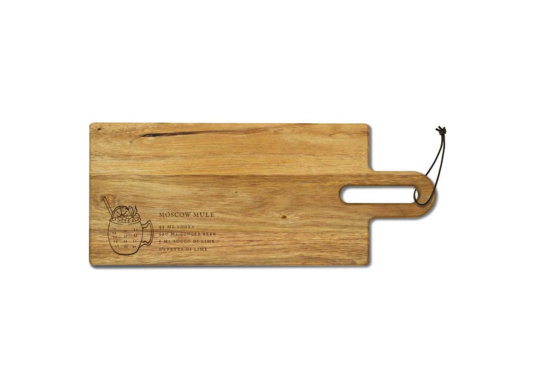 Tagliere in legno di acacia FSC, con ricetta cocktail incisa 40.8x17 cm.