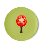 Piatto pizza in porcellana verde con racchetta pomodoro