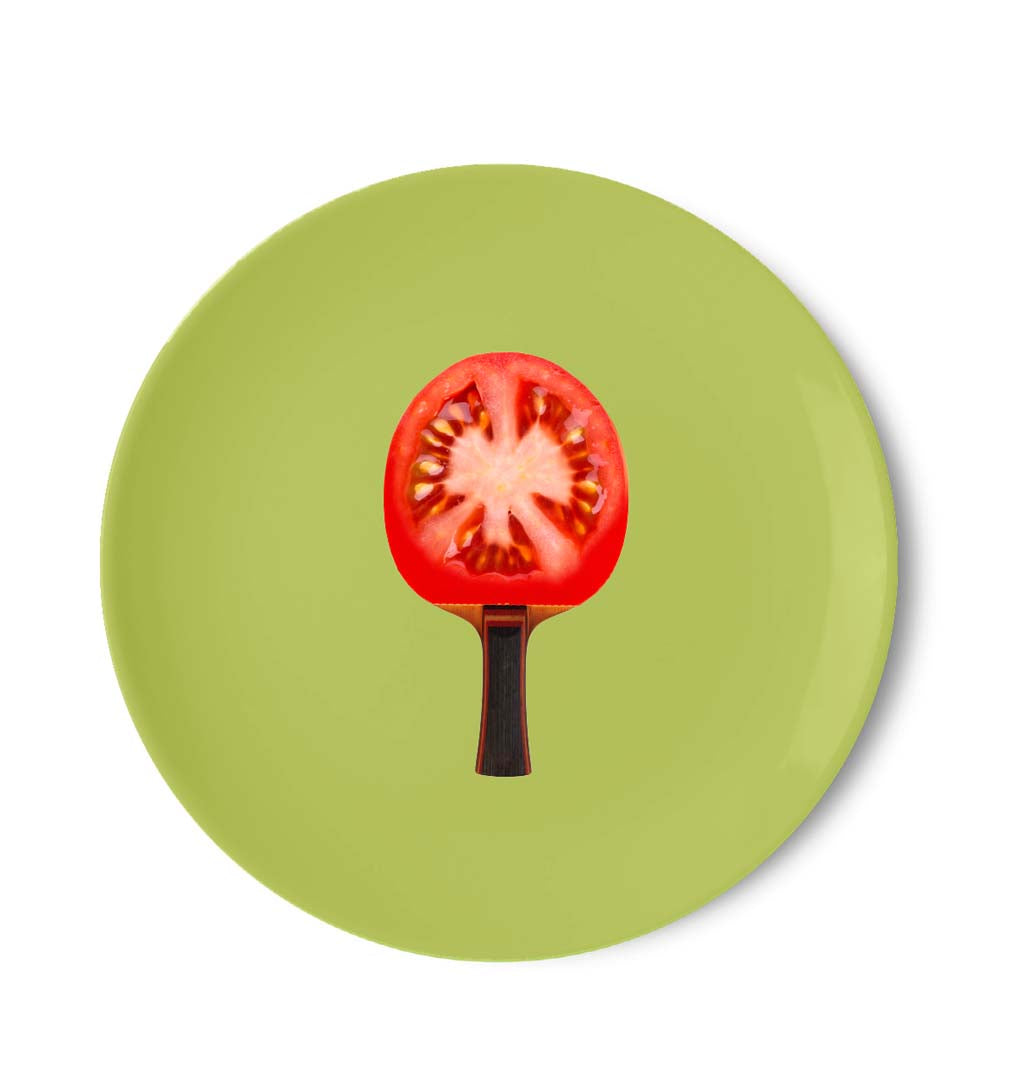 Piatto pizza in porcellana verde con racchetta pomodoro