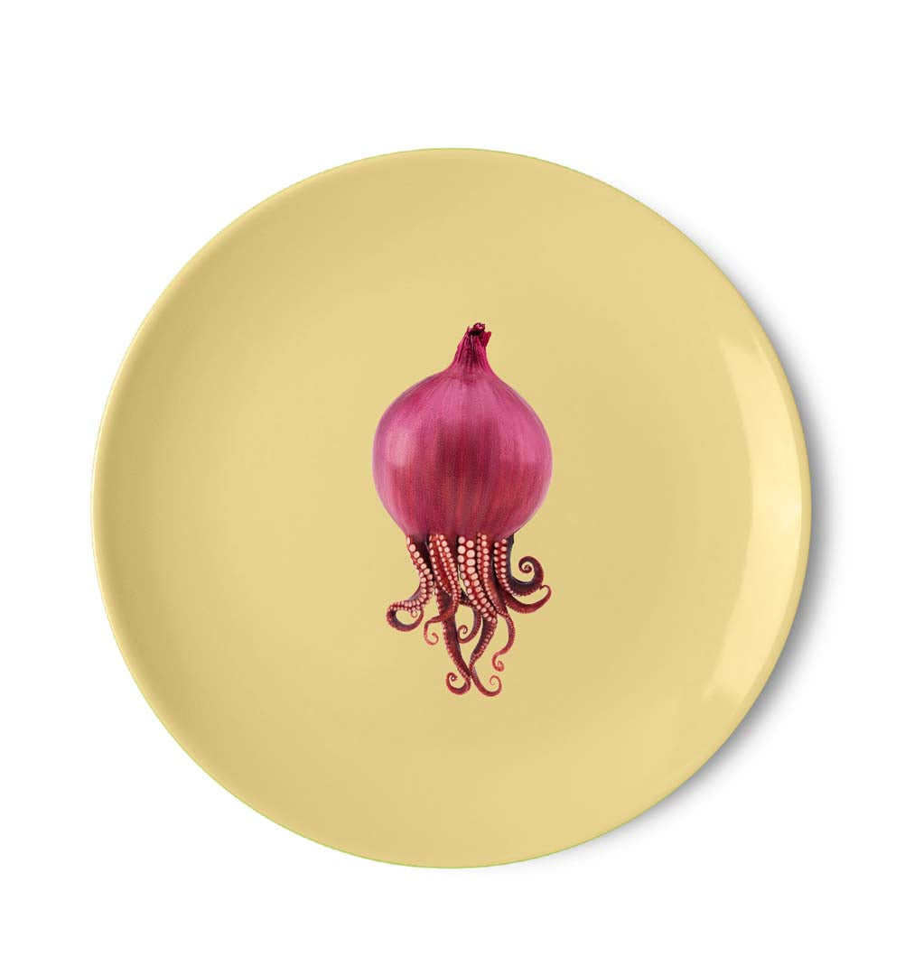 Piatto pizza in porcellana giallo con polipo cipolla