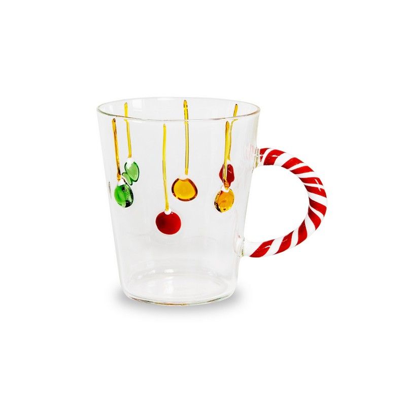 Tasse aus Borosilikatglas mit Zuckerstangen-Henkel und Weihnachtskugel-Dekor 425 ml Transparent und Rot Wd Lifestyle