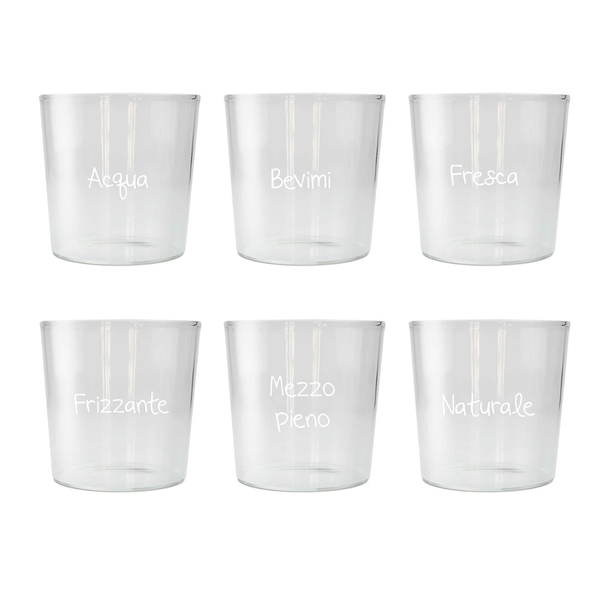 SET 6 BICCHIERI IN VETRO BOROSILICATO CON SCRITTE