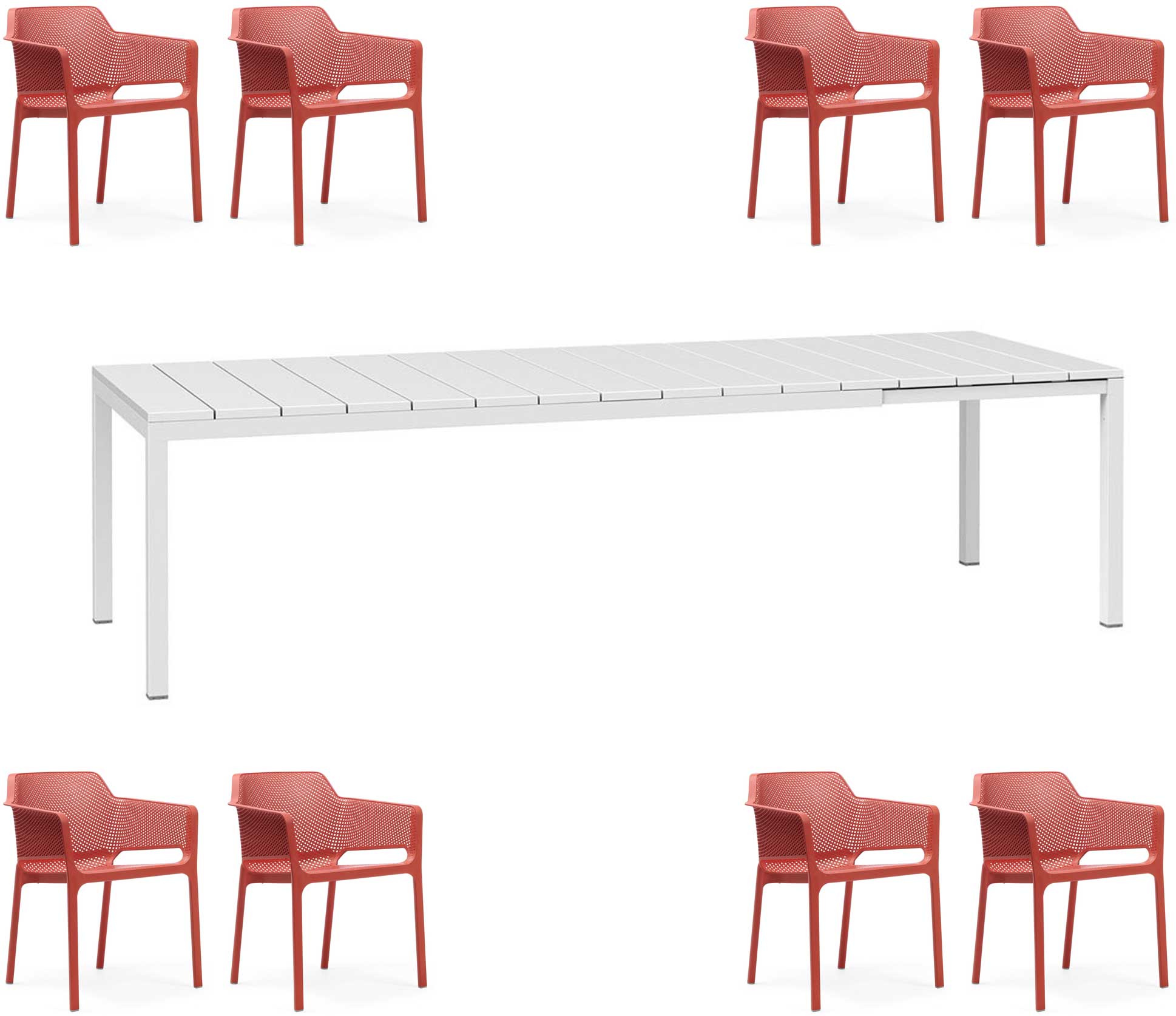 OFFRE : TABLE EXTENSIBLE RIO 210/280 + 8 FAUTEUILS EN FILET DANS LA COULEUR DE VOTRE CHOIX