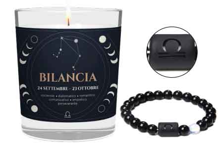 CANDELA CON SEGNO ZODIACALE BILANCIA CON BRACCIALE NERO ASTRO