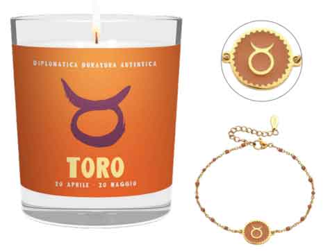CANDELA CON SEGNO ZODIACALE TORO INCLUSO BRACCIALE ASTRO TORO