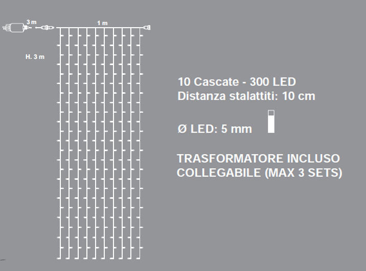 TENDA CON CASCATA 300 LED BIANCO CALDO CON GIOCHI DI LUCE 1XH3MT COLLEGABILE