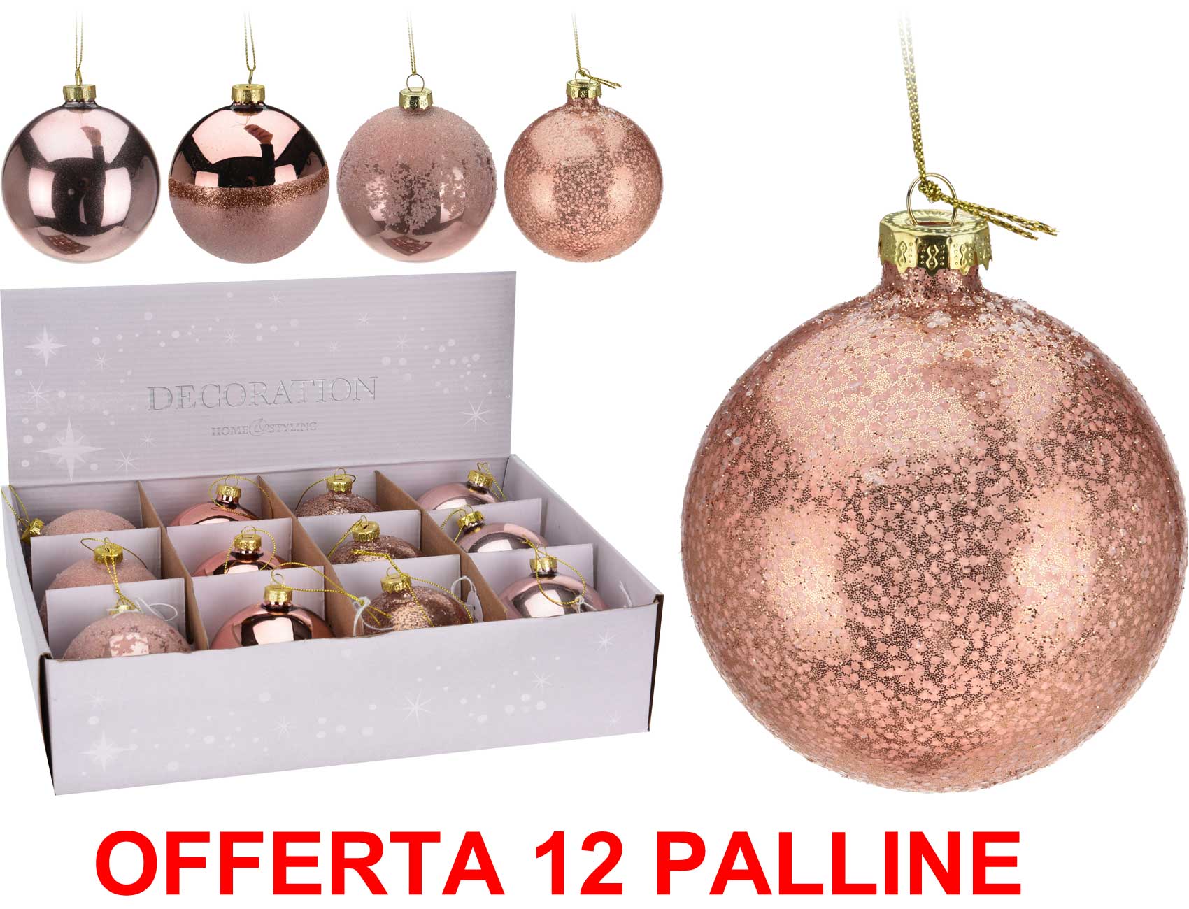 OFFERTA 12 PALLINE DI NATALE 8 CM IN VETRO RAME ASSORTITE