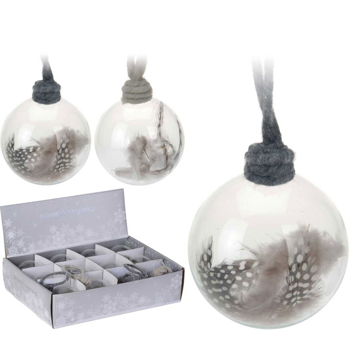 OFFERTA 6 PALLINE DI NATALE IN VETRO PIUMA BIANCA 8CM