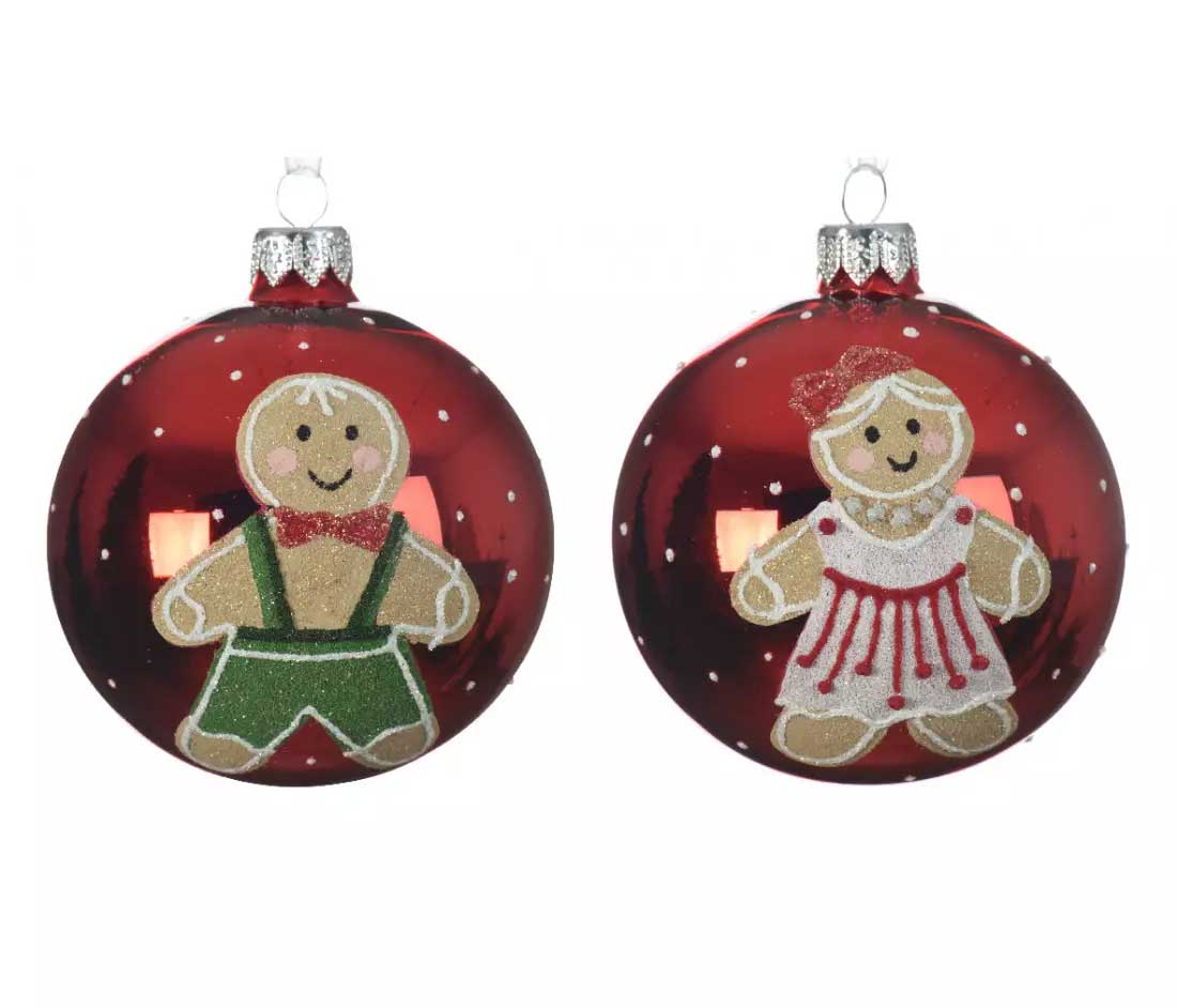 PALLINA DI NATALE IN VETRO ROSSO CON OMINI DI MARZAPANE 8CM ASSORTITA