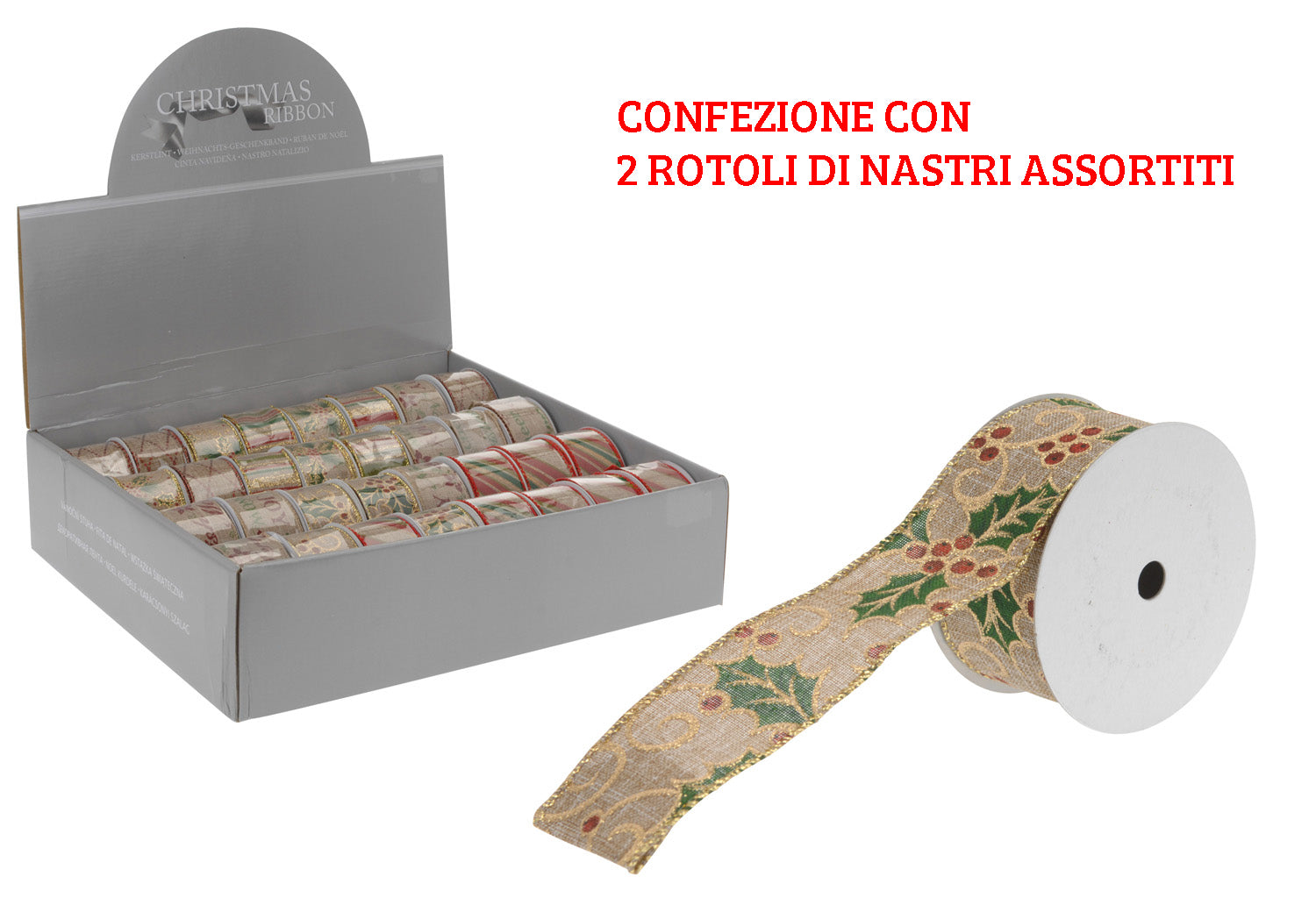 2 NASTRi DECORATIVI NATALIZI IN JUTA 4X270 CM ASSORTITI