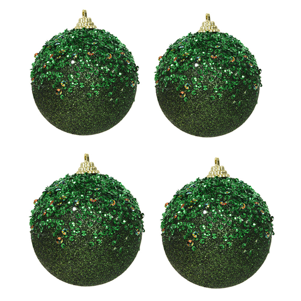 OFFERTA 4 PALLINE DI NATALE CON GLITTER E PAILLETS 8CM VERDE PINO