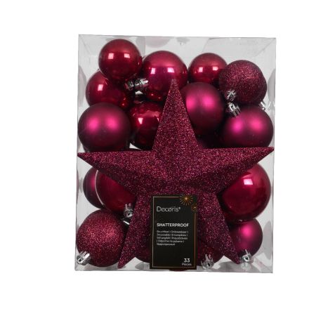 Confezione 33 palline di natale Miste Rosa 8cm e puntale a stella