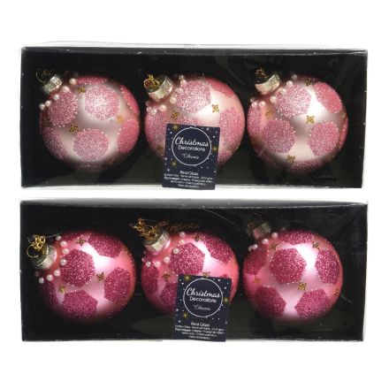 1 BOULE DE NOËL ROSE AVEC PAILLETTES ET PERLES DE VERRE 8CM