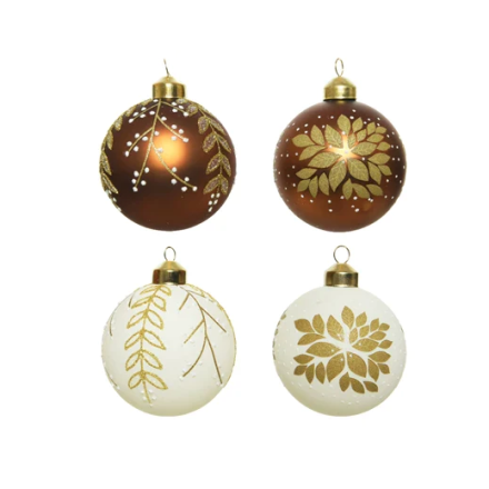 1 BOULE EN VERRE ASSORTIE FEUILLES D'OR 8CM