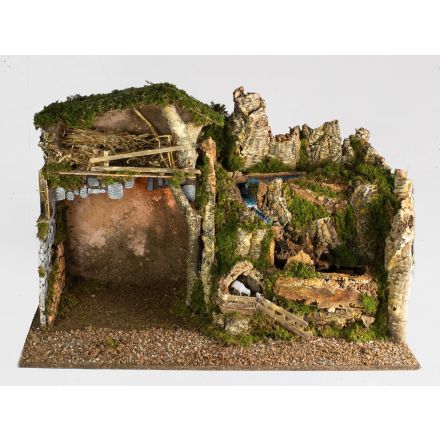 CAPANNA CON MULINO AD ACQUA CON POMPA E LUCE 76X40X48CM PER PRESEPE