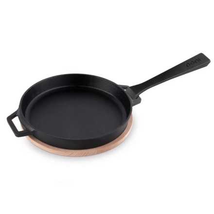 PADELLA TONDA IN GHISA E SUPPORTO IN LEGNO 23 CM