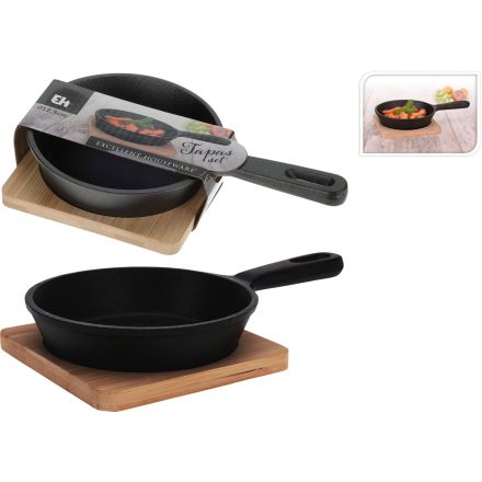 PADELLA IN GHISA PER APERITIVI/TAPAS CON BASE IN BAMBU 12CM