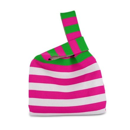 Borsa a nodo lavorata a maglia righe orizzontali 49x30 cm rosa e verde