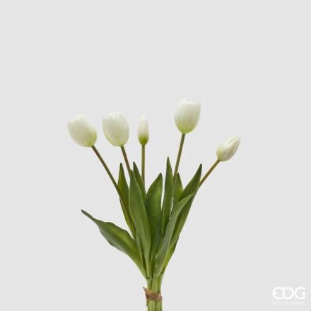 EDG Bouquet di 5 Tulipani Artificiali con foglie H.40 cm Bianco