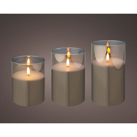 Set di 3 candele decorative a LED, altezza 17,5 cm, colore grigio.