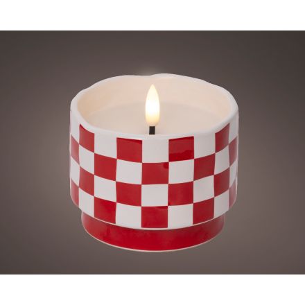Candela decorativa a LED, altezza 9 cm e diametro 9 cm, colore rosso.
