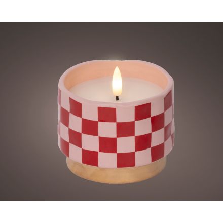 Candela decorativa a LED, altezza 9 cm e diametro 9 cm, colore rosa e luce bianco caldo.