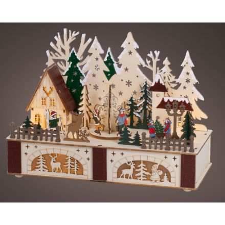 Scenario Natalizio in legno a LED, altezza 20,3 cm, colore marrone e luce bianco caldo.