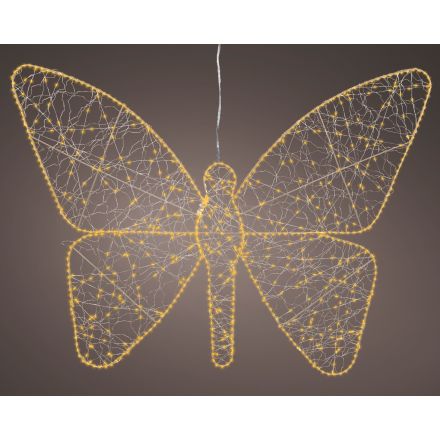 Farfalla decorativa illuminata 700 LED, altezza 77 cm, colore oro e luce bianco caldo.
