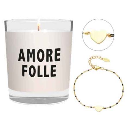 CANDELA CON SCRITTA AMORE FOLLE INCLUSO BRACCIALE CUORE
