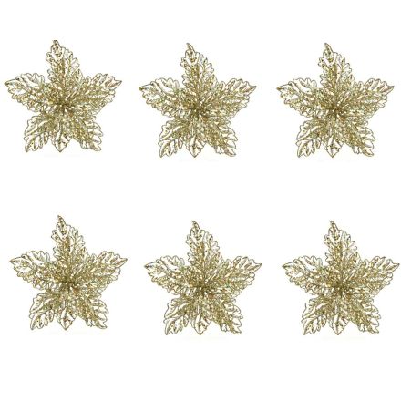 OFFERTA 6 POINSETTIA APPENDIBILE CON CLIPS 23.5 X 10 CM CON GLITTER ORO