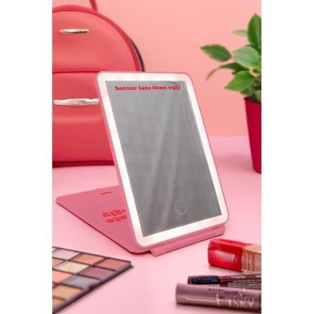 Fisura Specchio LED portatile “Better late than ugly”, 14,5x2,1xH22 cm, rosa/rosso