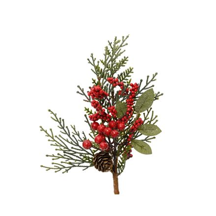 BRANCHE DE PIN À PAILLETTES ET FRUITS ROUGES H6CM