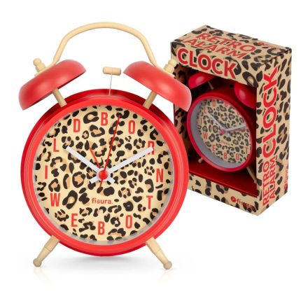 Fisura Sveglia Retrò "Leopardo", 16 cm, Stampa Leopardata / Rossa